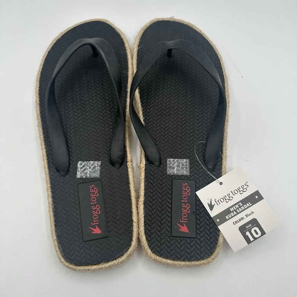Frogg Toggs Kuba Sandals Mens‎ 10 Black Rope Sole Casual Beach Thong Flip-Flops